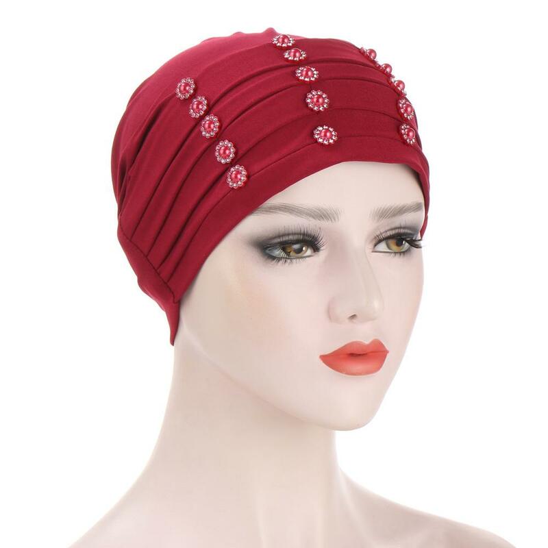 2020 Trendy Wanita Muslim Ripple Sorban Topi dengan Manik-manik Jilbab Bonnet Islam Jilbab Headwraps Topi Elastis Underscarf Cap