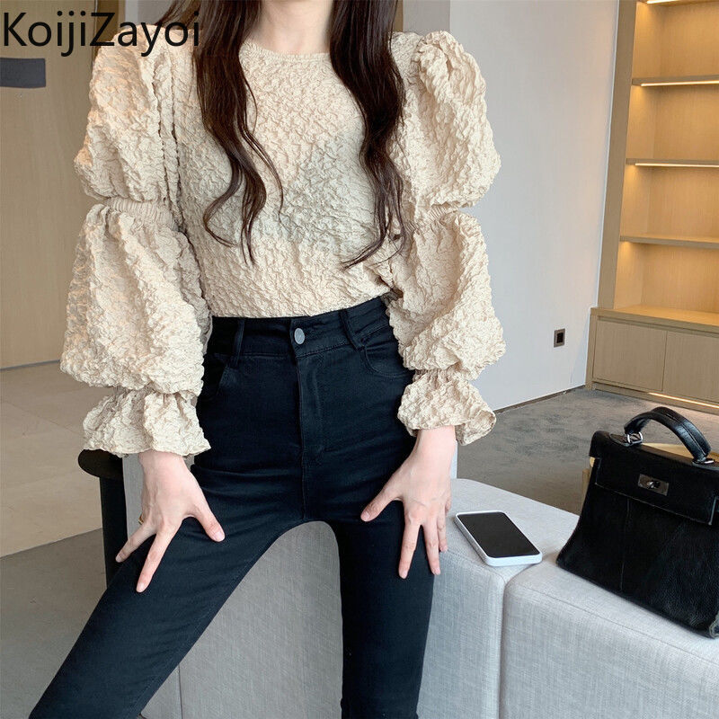 Koijigayoi Blus Wanita Korea Solid Lengan Panjang Leher O Mode Baju Kantor Wanita Musim Semi Musim Gugur Leher O Blus Korea Chic