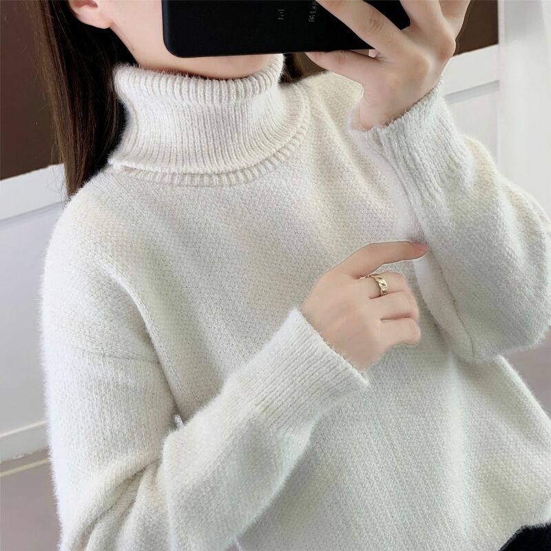 Sweter Lengan Panjang Rajutan Warna Solid Kerah Tinggi Wanita Musim Gugur dan Dingin Atasan Sweter Bawah Hangat Serbaguna Mode Harajuku
