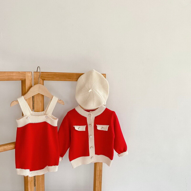 2021 New Spring Baby Girl 2-pcs Sets Patchwork Wool Sling Red Bodysuit+Long Sleeves Sweater Jacket Newborn Fashion Outwear E6032