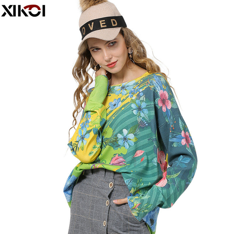 XIKOI Winter Flowers Print Sweater Women Pullovers Knitted O-Neck Jumper Women Oversized Warm Sweaters High Elastic Pull Femme