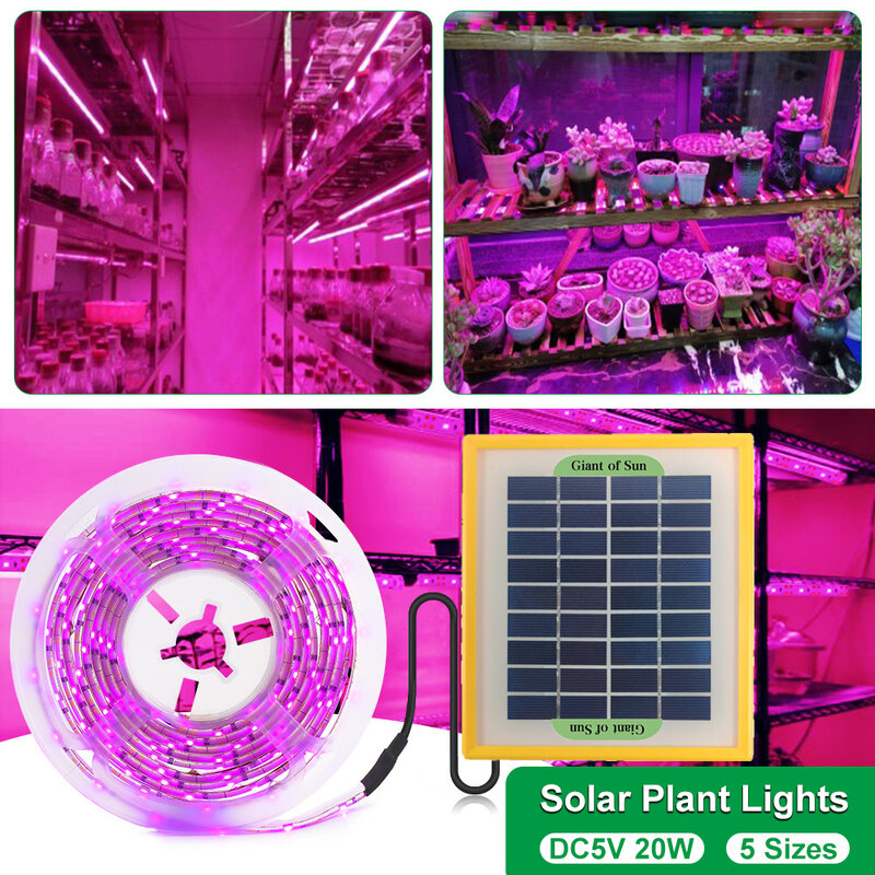 Lampu Tumbuh LED Tenaga Surya 2/3/5M Strip Lampu Pertumbuhan Spektrum Penuh 5V 2835 Lampu Sorot untuk Tanaman Rumah Kaca Tumbuh Hidroponik