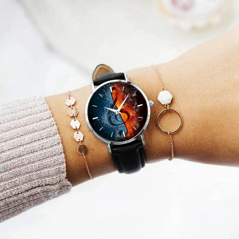 The New Burning Music Accords With Women'S Wrist Watches Leather Fashion Personality Quartz Clock