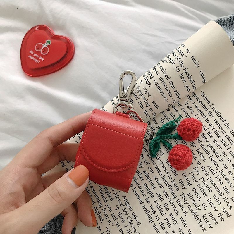 1 Buah Casing Headphone Lembut Ceri Merah Mewah untuk Casing Airpods Tas Pelindung Sampul Kulit dengan Aksesori Earphone Cincin Kunci