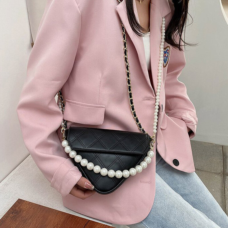 여자 절묘한 삼각형 진주 체인 단일 숄더 핸드백 다이아몬드 격자 패션 달콤한 Crossbody 가방 두 어깨 끈