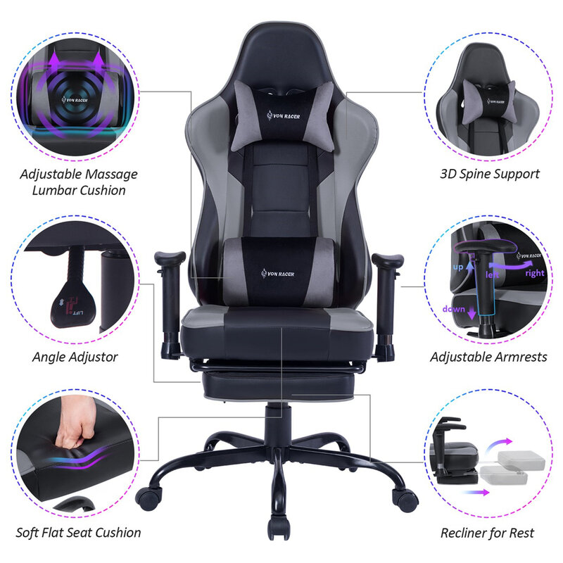Silla de oficina para videojuegos, asiento de ordenador reclinable de 180 grados, cómodo, ejecutivo, de cuero PU