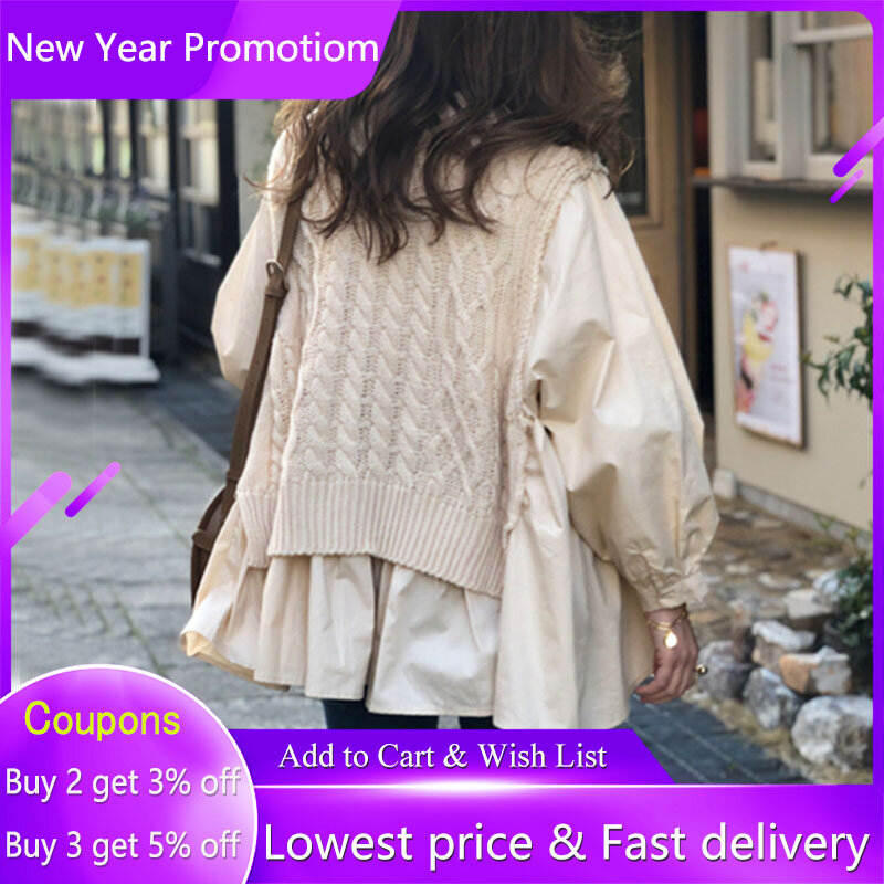 Suéter con costuras falsas para mujer, camiseta Coreana de dos piezas, Jersey informal holgado, Tops de moda con cuello redondo, Otoño, 2022