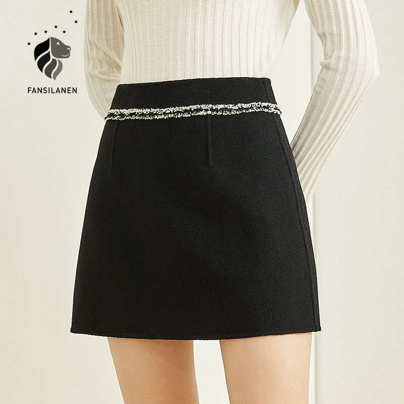 Fsle preto casual 100% lã duas peças conjunto feminino elegante saia de cintura alta e conjunto superior outono inverno terno de harmonização conjuntos 2020