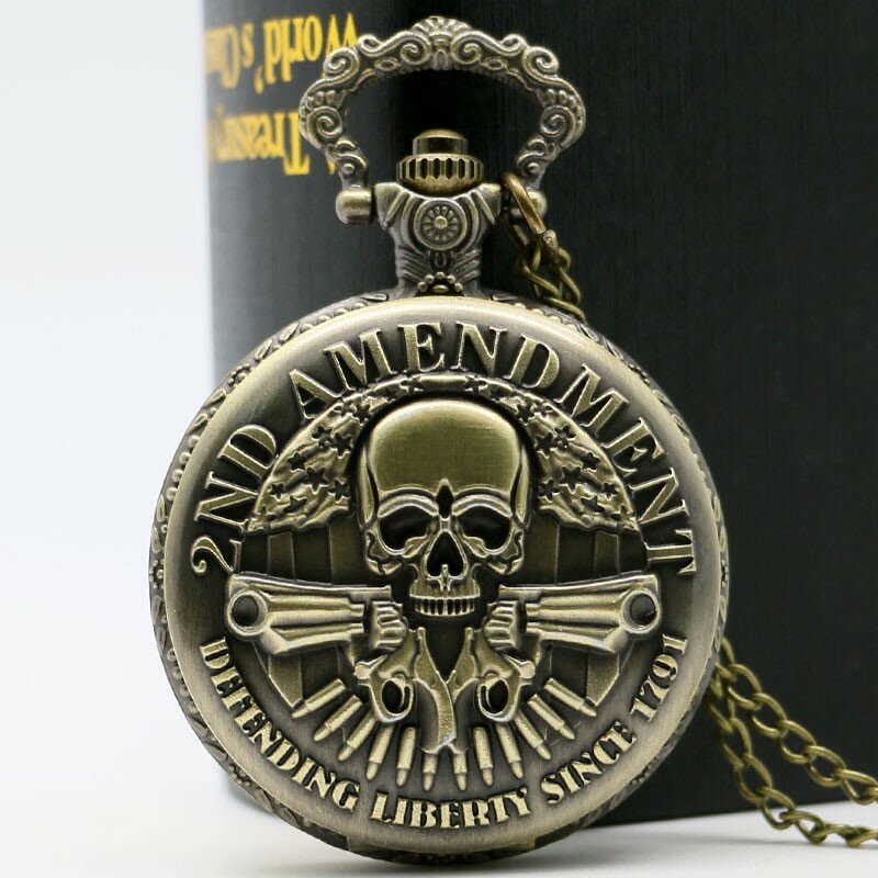 Pocket Watch Men Watches with Necklace Chain Men Gift masculino relogio hombre Saati New 2ND AMENDMENT Bronze Skull Pendant