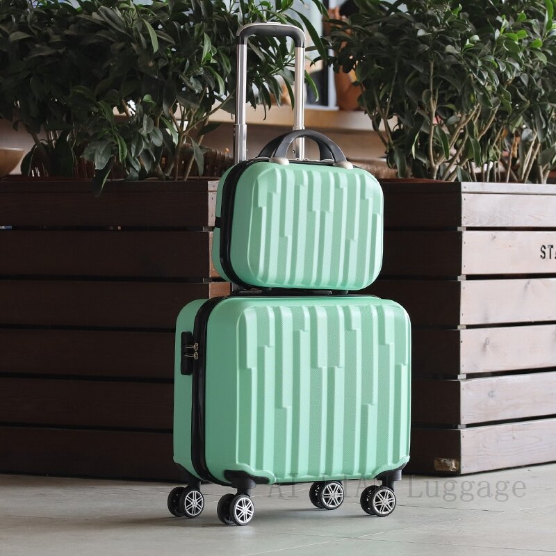 Conjunto de mala de viagem feminina 18 polegadas, para crianças rodinhas malas abs com espaço para malas