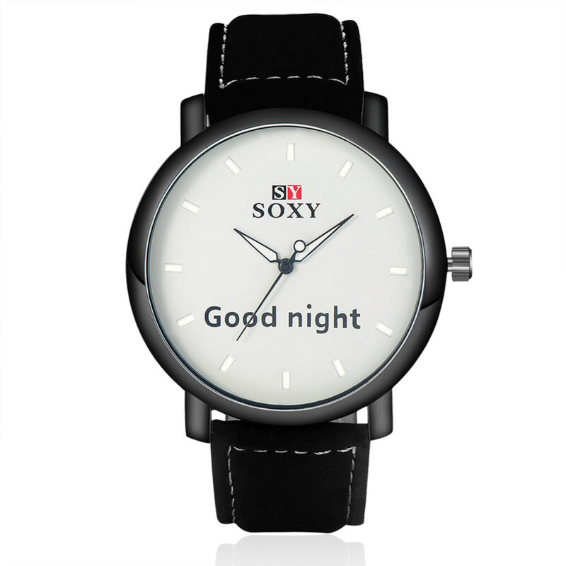Marca soxy relógio de couro masculino moda quartzo relógios apuramento impresso "boa noite" relógio redondo dial relógio de pulso masculino