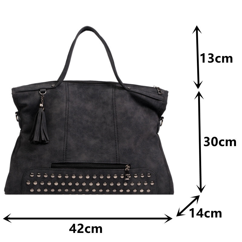 Вместительная сумка-тоут, женская сумка-мессенджер из нубука, большая сумка на плечо с заклепками, женская брендовая дизайнерская сумка чер...