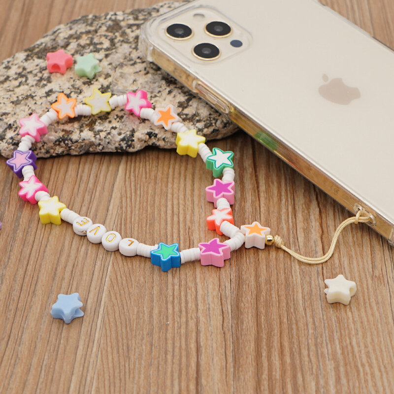 UILZ 2021 New Transparent Colorful Star Soft Pottery Clay Phone Strap for Women Summer Bohemian Phone Accessories