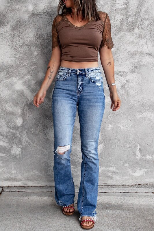 Frauen Mode Loch Hohe Taille Retro Stretch Schlank Micro-ausgestelltes Hosen Bootcut Jeans