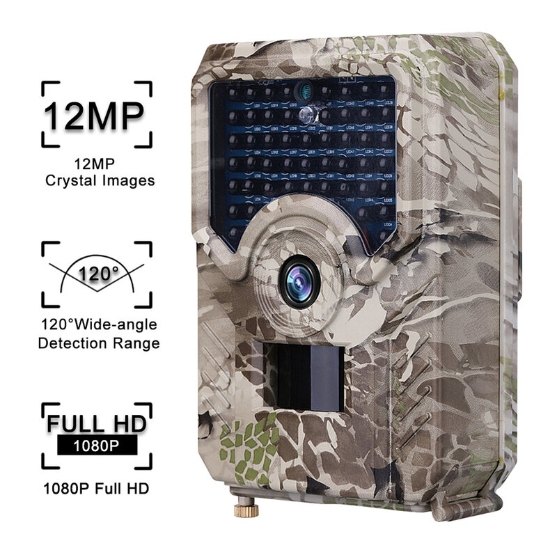 12MP hd 1080pトレイル狩猟カメラ防水ナイトバージョン写真0.8秒トリガ時間野生生物カムホーム安全と32グラムtfカード