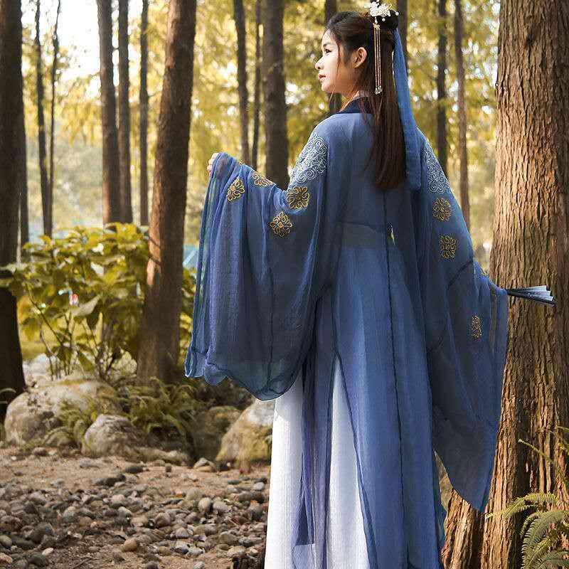 Женские ханьфу китайское платье традиционные костюмы ханьфу в древнем стиле, классическая вышивка, 4 шт., синие и белые повседневные костюм ...