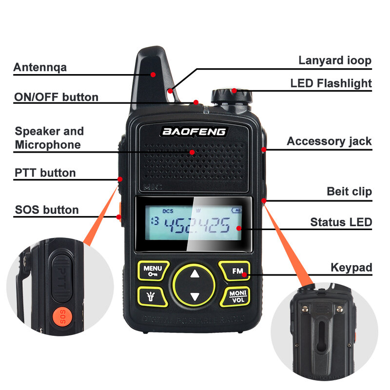Baofeng-Mini walkie-talkie BF-T1, Radio bidireccional, UHF, 400-470MHz, 1W, 20 canales, FM, con auricular y cable de programación, 2 piezas