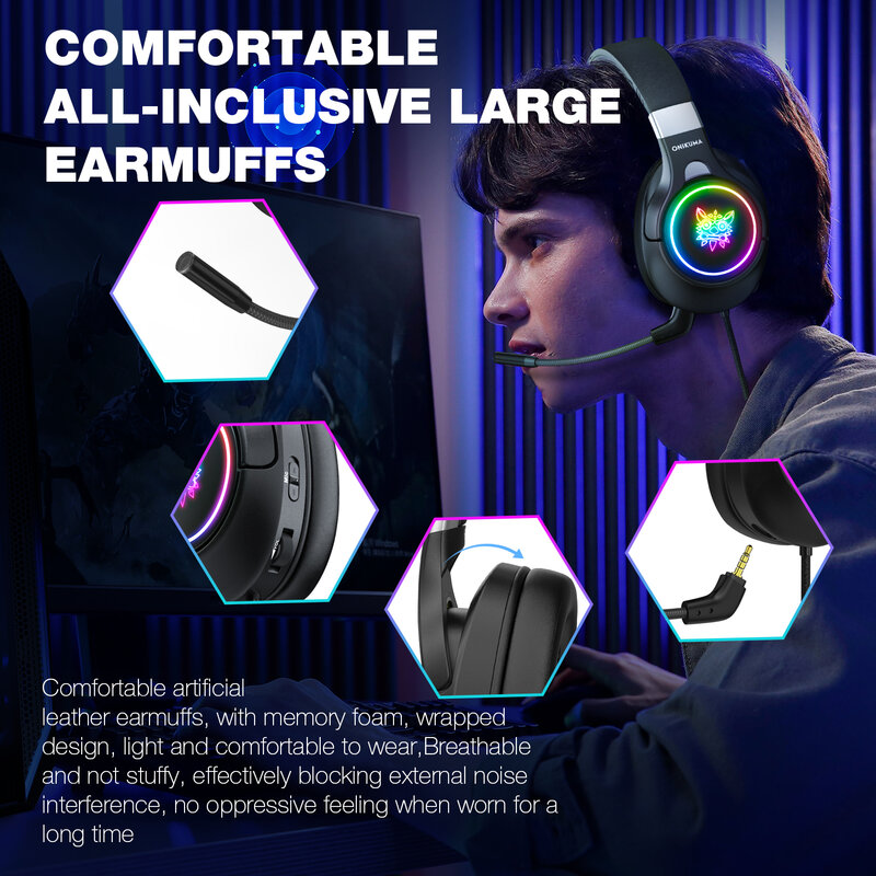 ชุดหูฟังสเตอริโอแบบมีสายหูฟังแบบพกพาพับ Gamer หูฟังแบบถอดได้ไมโครโฟนสำหรับ Xbox PC PS4แล็ปท็อป