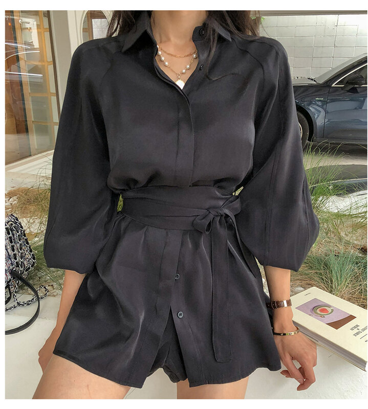 Conjunto de dos piezas de Camisa larga y pantalones cortos para mujer, conjunto de Blusa con cinturón de manga farol y minipantalón a la moda para verano, 2020