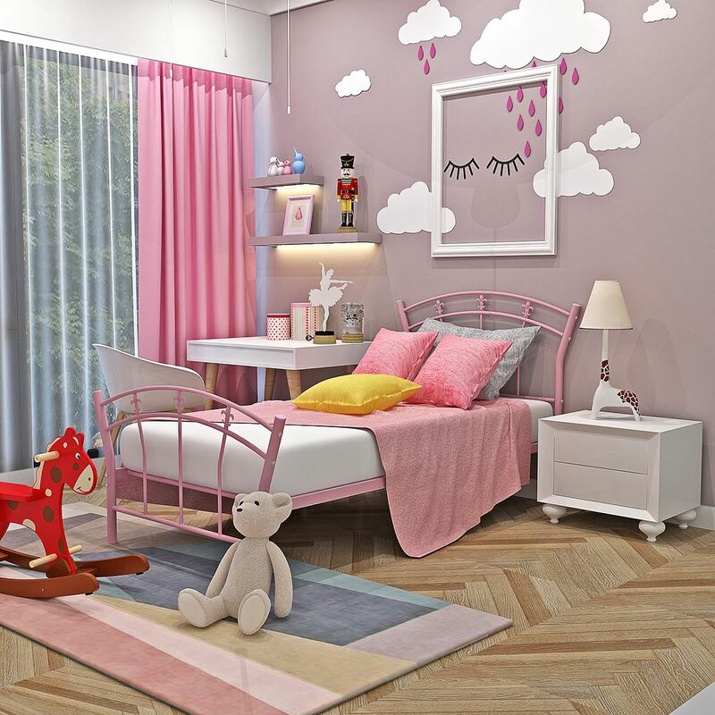 子供金属ベッドフレームピンク子供3FTシングルガーリーベッドベース女の子の王女の寝室の家具扇形ヘッドボード高速配信