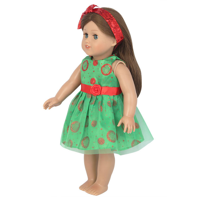 18 인치 미국 인형 드레스와 활 머리띠 새로운 패션 인쇄 긴 크리스마스 치마 아기 인형 옷 맞는 43cm 소녀 인형