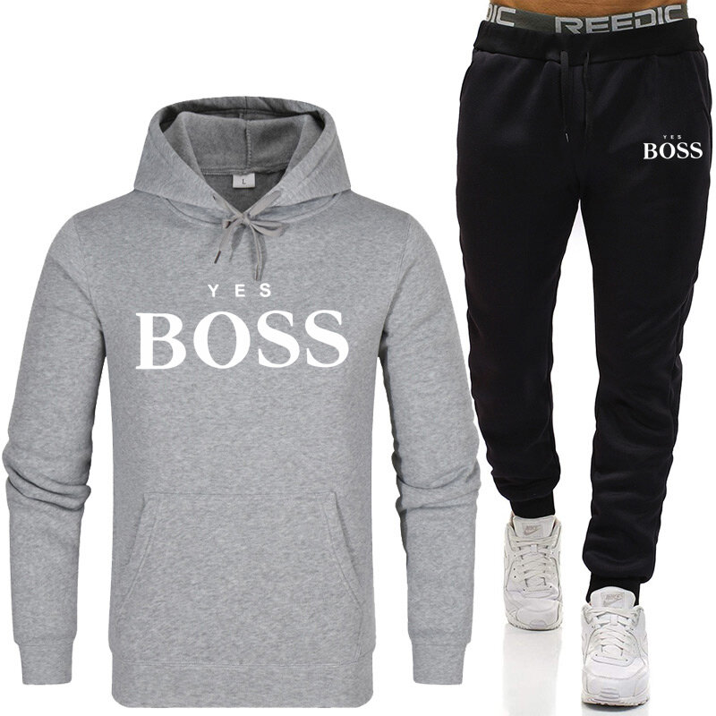 Tracksuit Men Fashion Hoodies Men Suits Brand Yes Boss Sets Men Sweatshirts+Sweatpants Autumn Winter Fleece Hooded Pullover