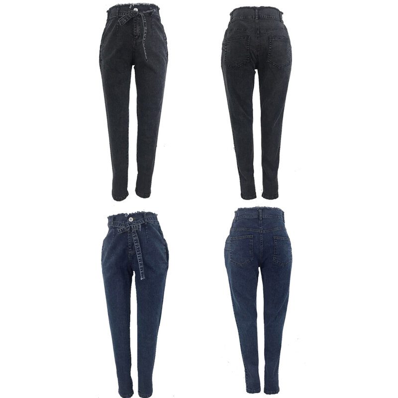 Calças de brim de cintura alta para mulheres fino estiramento denim jean bodycon borla cinto magro push up jeans mulher
