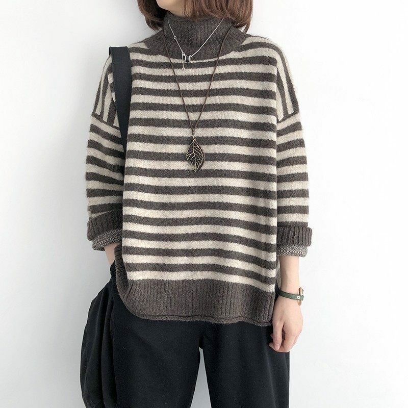 Suéteres sueltos a rayas de estilo coreano para mujer, suéteres de cuello alto con manga larga, suéteres de punto, otoño y primavera, 2020
