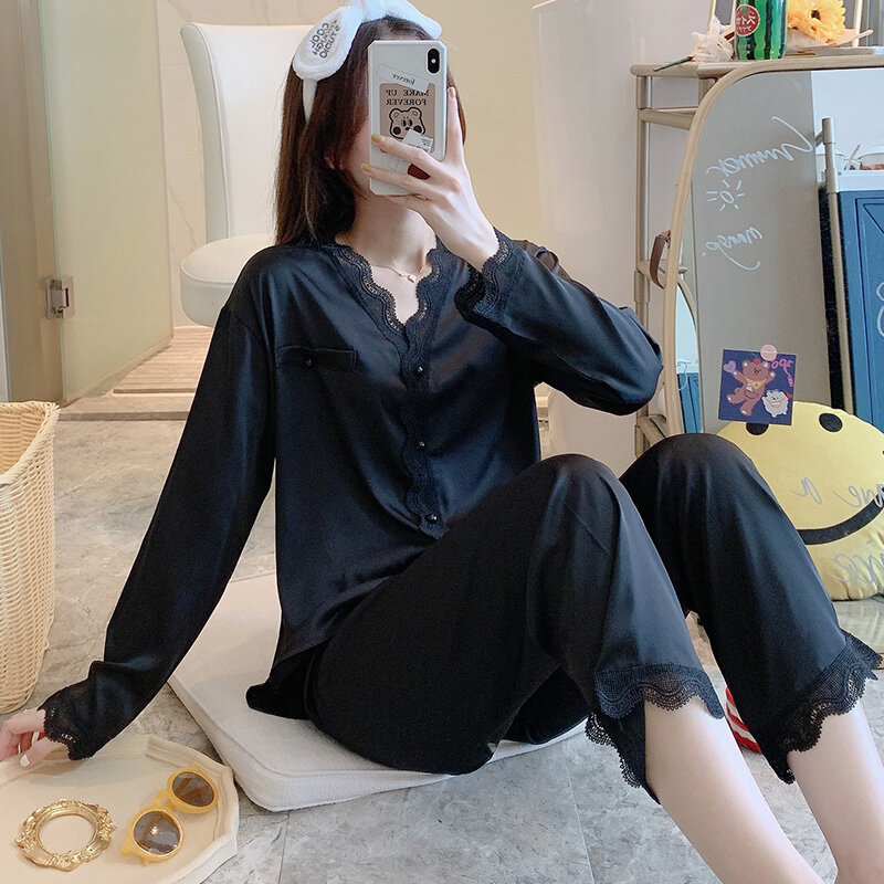Pijamas de renda preta para mulheres primavera outono manga comprida minimalista traje cardigã de estudantes verão e inverno seda artificial