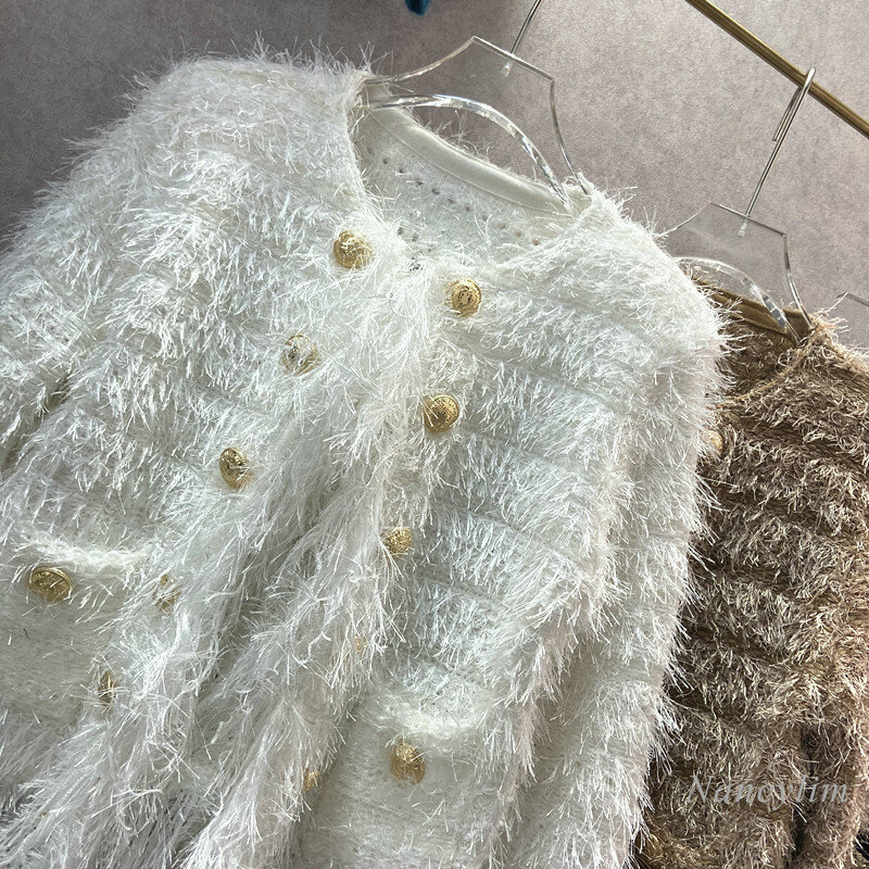 Sweter dziergany kobieta 2020 jesienno-zimowy nowy Socialite elegancki dopasowany krój Slim Fit Tassel dwurzędowy płaszcz z dzianiny