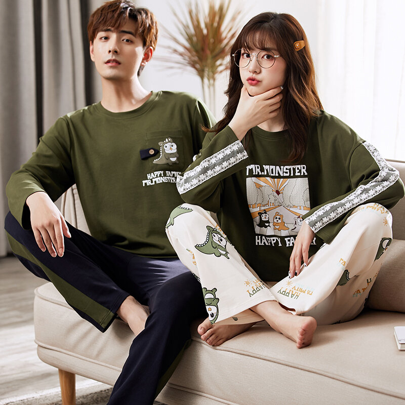 Pyjama de Couple à manches longues, en coton fin, Style coréen, vêtements de maison pour hommes et femmes, costume GLQ