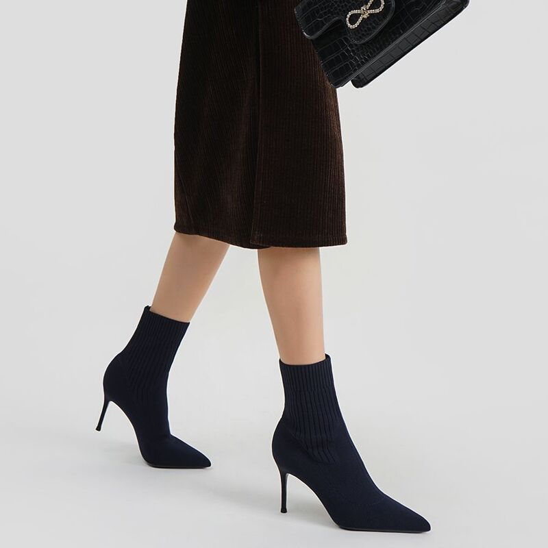 Bottines tricotées extensibles à bout pointu et à talons hauts pour femme, chaussures d'hiver Sexy à la mode, 6/8cm, nouvelle collection 2021