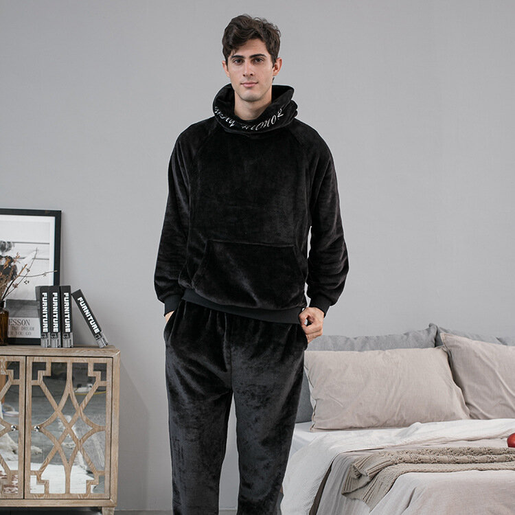 Pijama holgado de franela para Hombre, ropa de dormir informal con capucha, de terciopelo, para invierno, traje de dos piezas