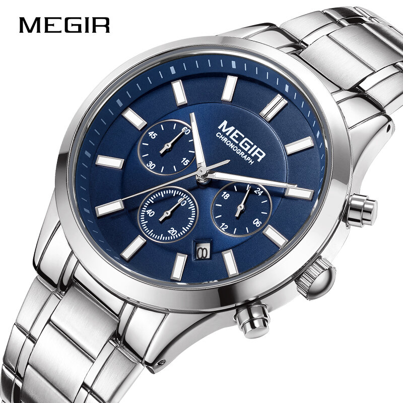 Neue männer Edelstahl Business Uhr MEGIR Luxus Marke Sport Chronograph Kreative Quarz Armbanduhr Wasserdicht Montre Homme