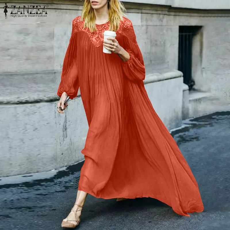 ZANZEA Gaun Patchwork Renda Wanita 2021 Gaun Sundress Longgar Solid Kasual Vestidos Maxi Bohemian Musim Semi Musim Gugur Jubah Pesta Besar