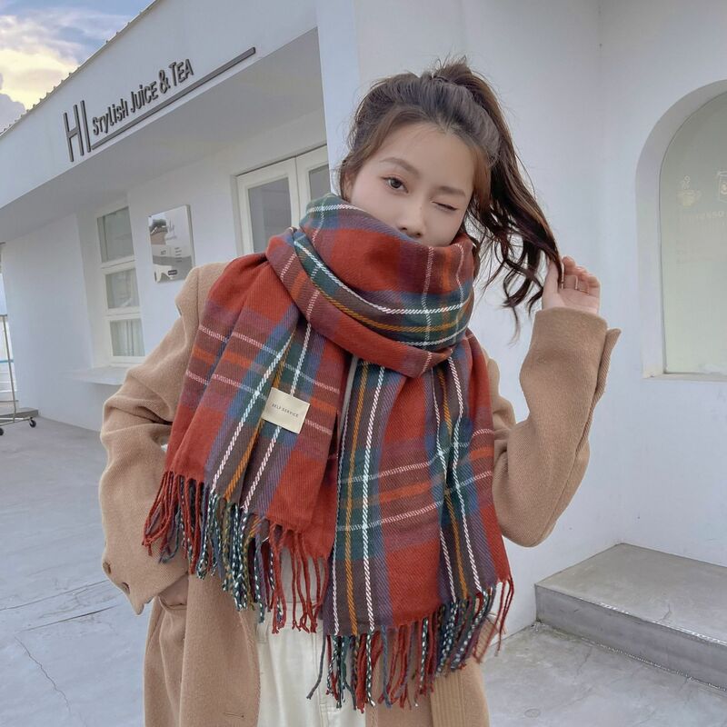 Koreaanse Luxe Nieuwe Plaid Vrouwen Omzoomde Sjaal Groothandel Imitatie Kasjmier Winter Warmte Dikke Schattige Mode Temperament Lange Sjaal