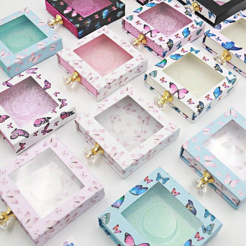 Boîte d'emballage de cils en vison, motif papillon, poignée en cristal, étui avec plateau transparent