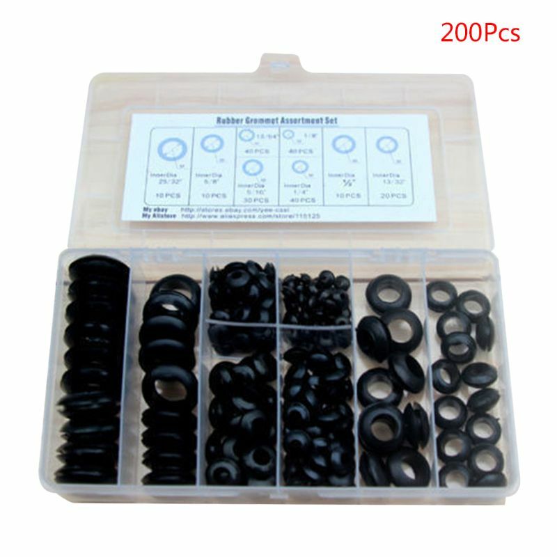 200Pcs/box Rubber Grommet Gasket Kits for Wire Cable Black Assortment Set
