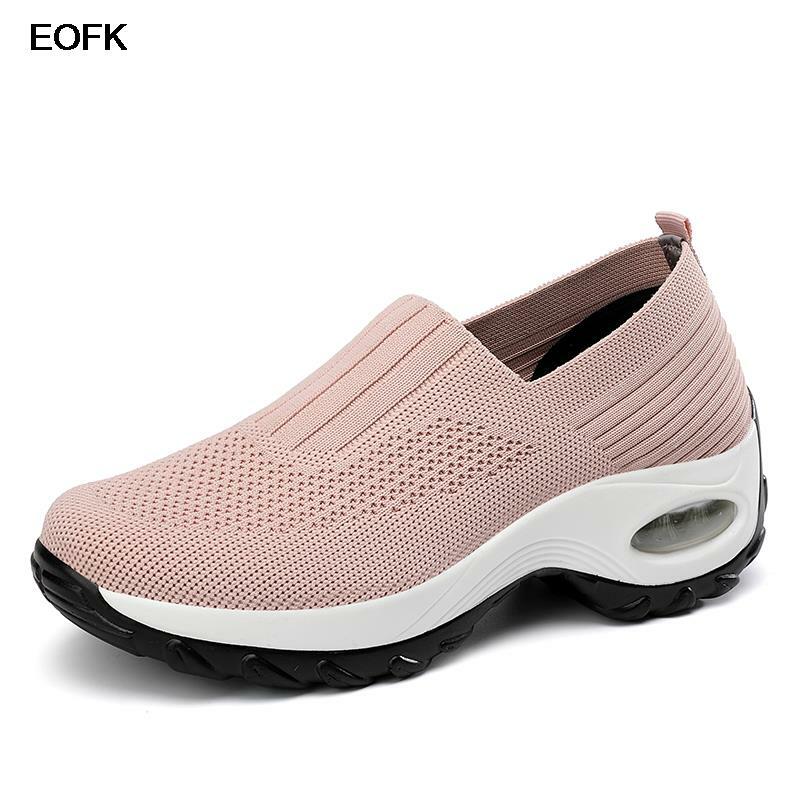 Eofk Vrouwen Sneakers Schoenen Stof Slip-On Demping Lente Licht Gewicht Zachte Comfortabele Vrouwen Loafers Flats