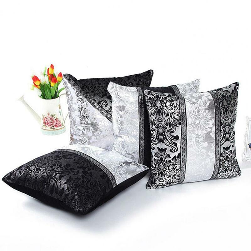Cushion Cover Color Block Floral Print Vintage Linen Pillow Case for Home Decor Black And White Porcelain Stitching Pillow Cover