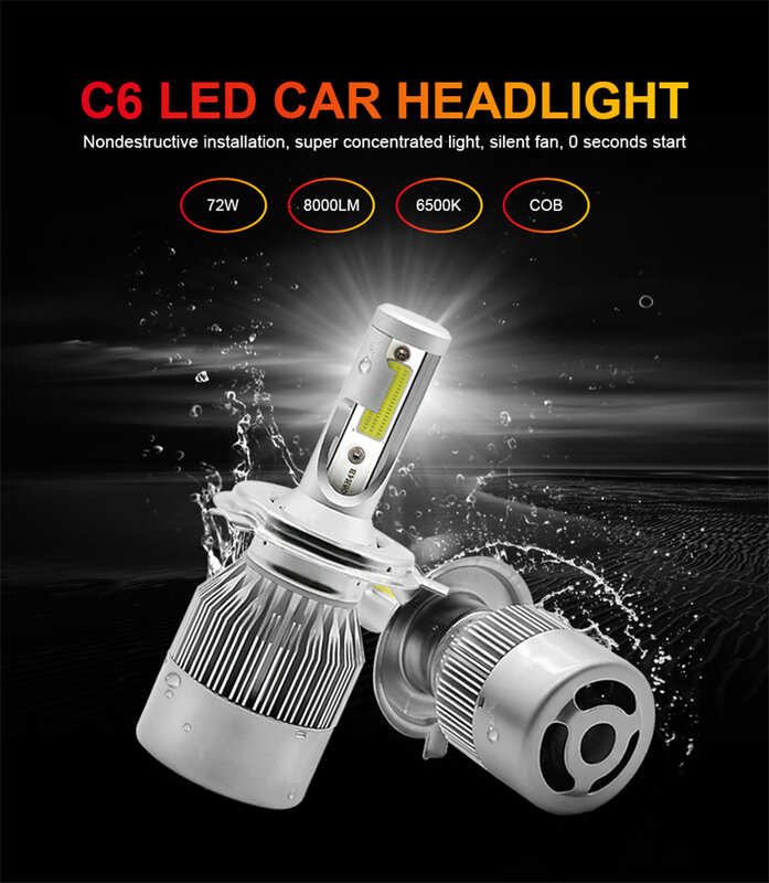 2Pcs Car Led Headlight Bulbs C6 Single H1 H3 H7 H11 LED Car Lights 880 9005 9006 9012 D2S Auto Headlamps 6500K 72W 12V 7200LM
