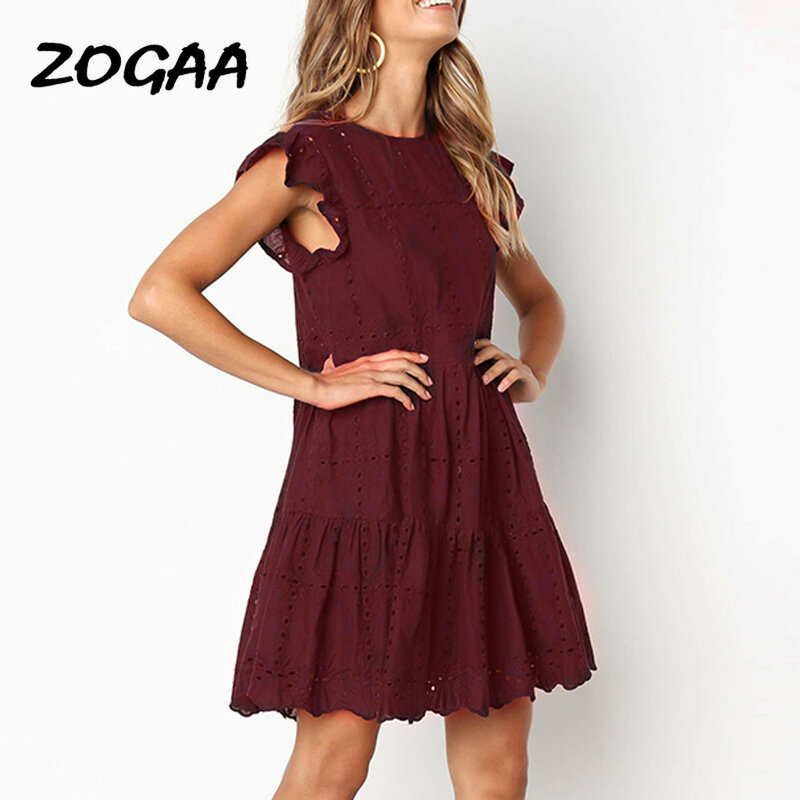Zogaa-女性の透かし彫りトラペーズミニドレス,フリルスリーブ,ベーシックなビーチウェア,ラウンドカラー,サマーコレクション