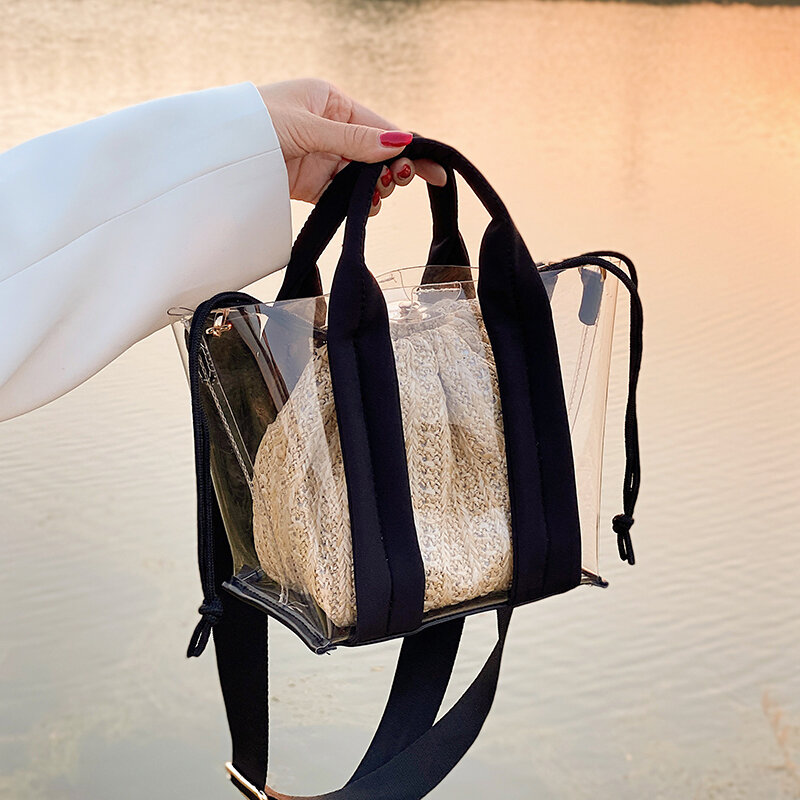 حقائب اليد القش نسج المرأة الصيف حقائب الشاطئ 2021 شفافة مقبض حقيبة الإناث مركب حقيبة أكياس شفافة