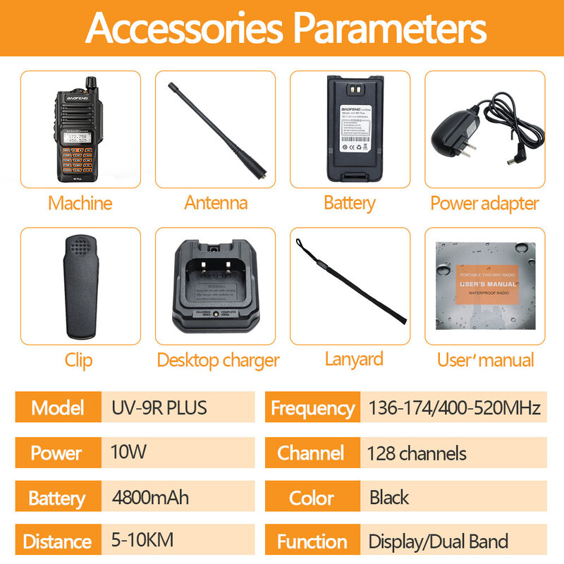 Baofeng – walkie-talkie UV-9R Plus 10W, 4800mAh, double bande, 136-174/400-520MHz, étanchéité IP68, 1 pièce, BF-UV9R, portée de 10KM