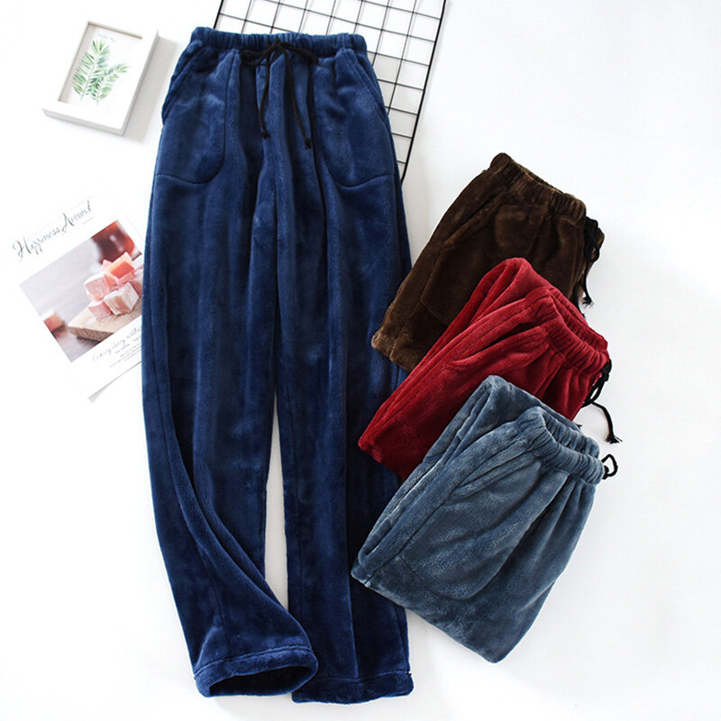 Мужские плотные Фланелевые Пижамные брюки с высокой талией, флисовые удобные зимние теплые свободные прямые штаны для дома