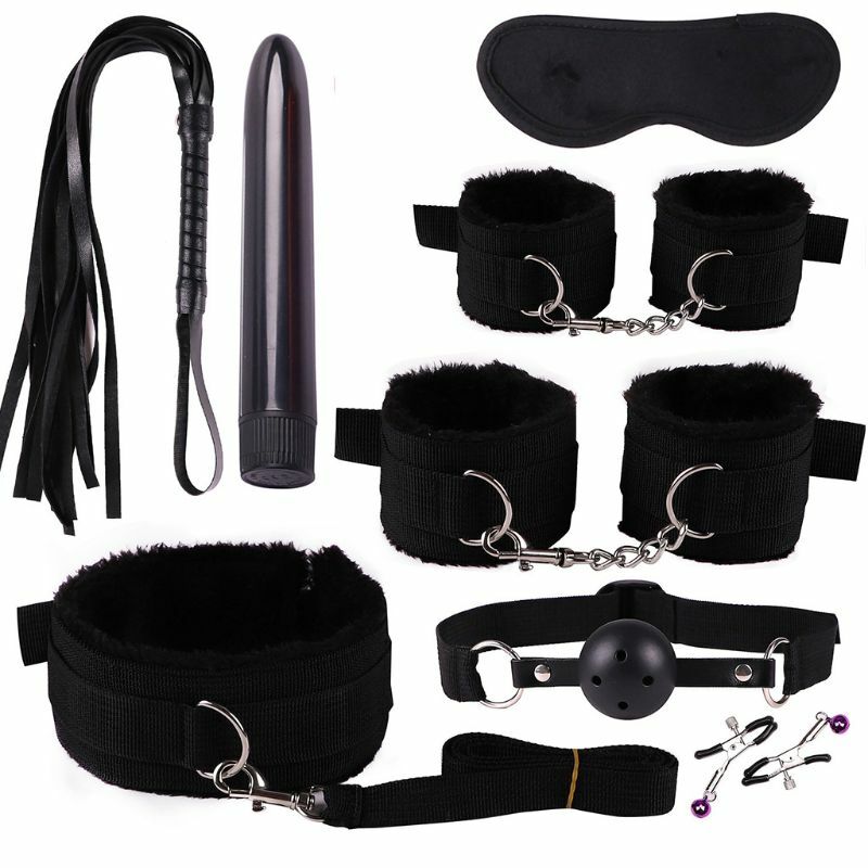 8Pcs/set Handcuffs Bondage BDSM Whip Blindfold Massager Adult Erotic Sex Toys Set Stimulator G-spot Vibrator Nipple Clamps