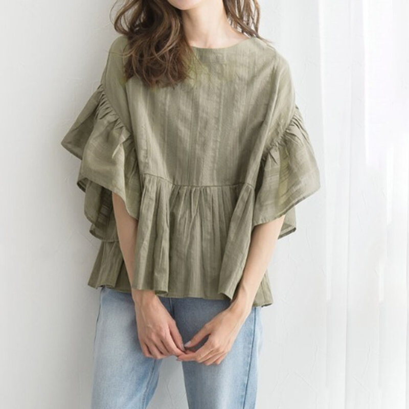Blouses 2021 Women Tops Lotus Leaf Sleeve Autumn New Casual All-match Retro Harajuku Style Round Neck Shirt Loose Pullover Hot
