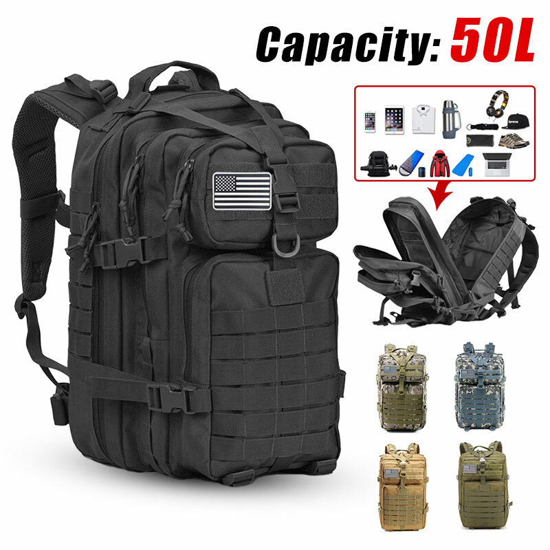 Sac à dos avec 3 poches d'une capacité de 50L pour homme, sacoche étanche, style tactique militaire, pour l'extérieur, la randonnée, le camping ou la chasse