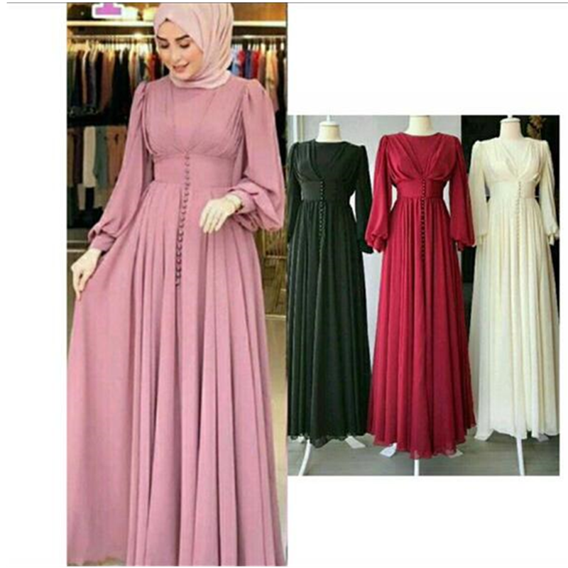 Muslim Hijab Dress 2021 Women Solid Button Chiffon Eid Mubarak Party Evening Long Dress Arabic Turkish Islamic Clothing