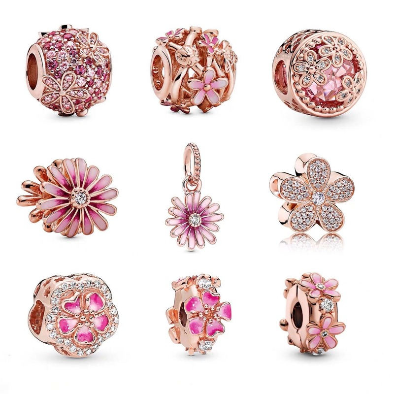 Oco para fora daisy rosa flor de pêssego é adequado para pandora charme pulseira, que é feito especialmente para moda feminina diy